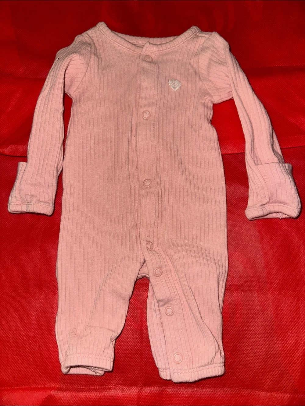 Long-Sleeve Pink Ribbed Baby One-Piece with Heart Detail